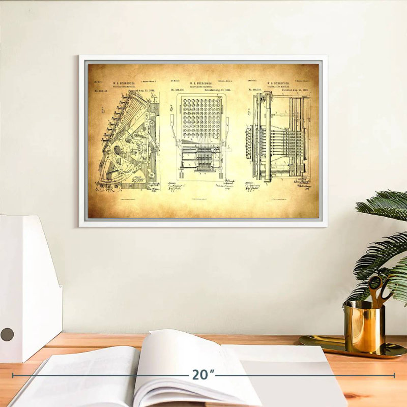 Machine à calculer 1888 Schenck, Cadre flottant blanc, 13 po x 9 po