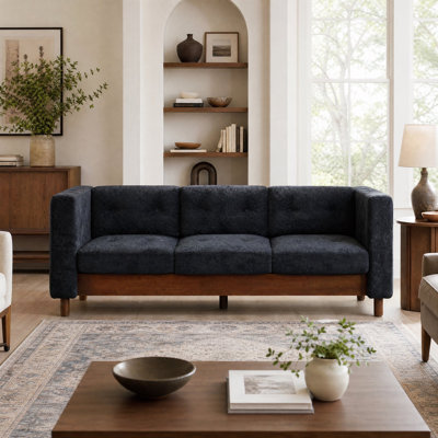 78" Modern 3 Seater Chenille Upholstered Couch with Square Arms, Tufted Pillow Back & Natural Rubber Wood Legs, Multi Cushion Sofa, Blue