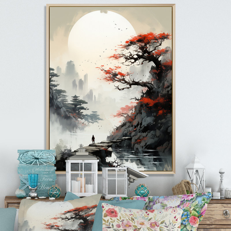 «Asian Art Samurais Landscape III», reproduction d'art sur toile asiatique, Cadre flottant érable, H 32 po x l 24 po x P 1 po