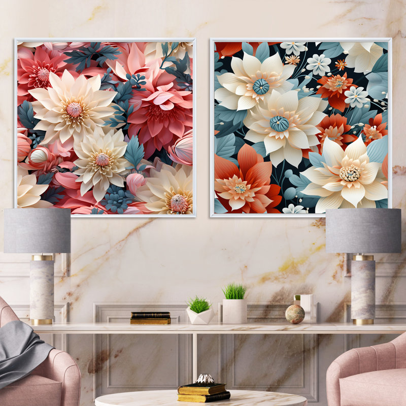 French Romance - motif floral III - ensemble de 2 collages floraux carrés, Cadre flottant blanc, H 36 po x l 73 po
