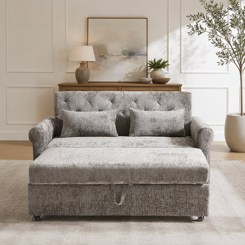 Pull Out Sofa Bed with USB Ports, Gray Velvet