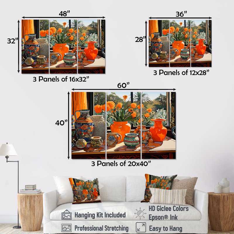 Fleurs orange, vase orange, ensemble de salon mural art floral, Toile tendue, H 40 po x l 60 po x P 1 po