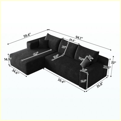 95" Cloud Sectional Sofa, Modern Minimalist U-Shaped Deep Seat Couch, No Assembly Required, Black Corduroy