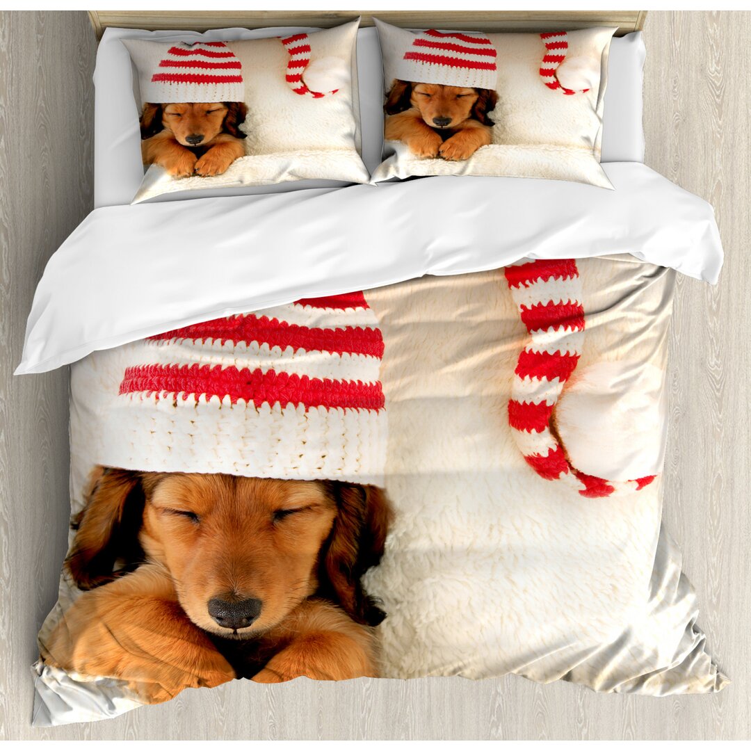 Bettbezug Set, Hund in der Weihnachts Elf-Hut, Dackel, Ivory Zimt