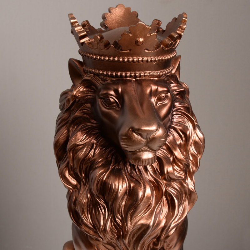 14.5" H Sitting Lion W/Crown Bronze Colour Resin Statue Home Decor Living Room Display, Copper