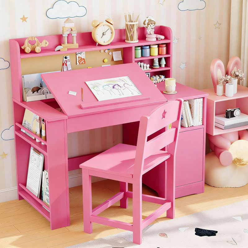 Study Desk and Chair Set, Desks with Hutch and Tiltable Desktop, Wooden Study Table with Storage Cabinet, Student Writing Desk for Bedroom & Home School