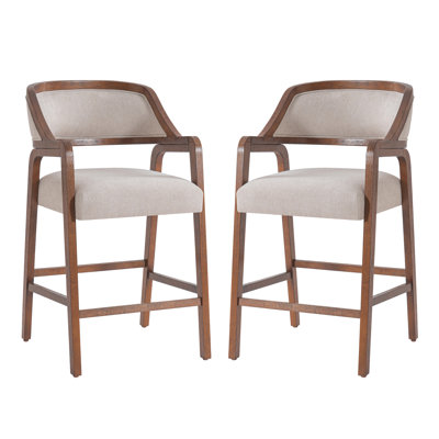 Tabouret de comptoir en bois d'hévéa massif naturel Mid-Century de 27,50 po de hauteur avec siège, dossier et accoudoirs rembourrés Greven pour îlots de cuisine et salle à manger