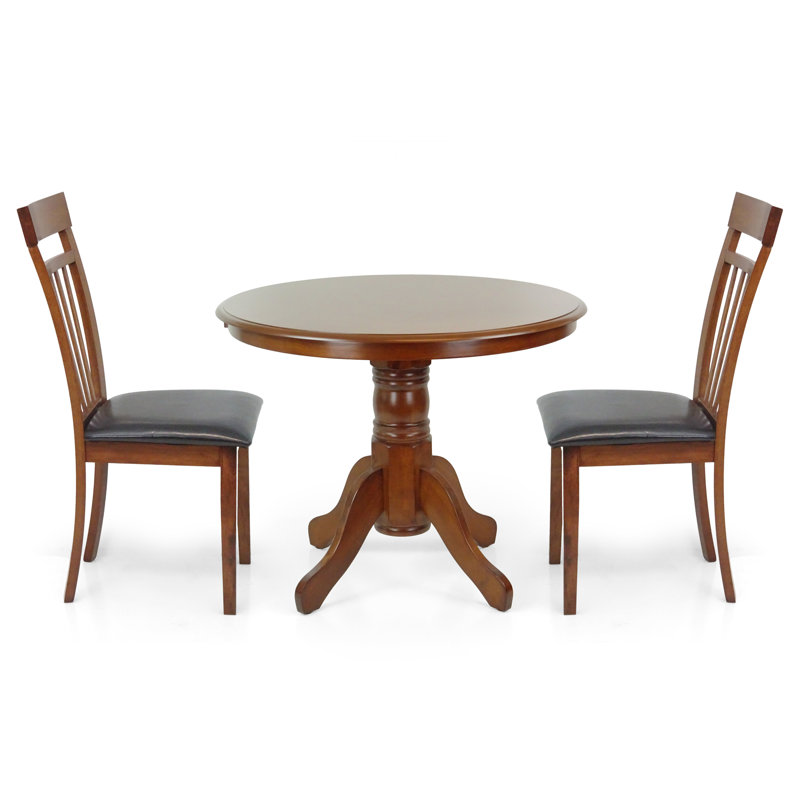 3 Piece Dining Table Set, 2 Classic Style Solid Wood Warm Chairs with Pedestal Round Dining Table, Kitchen Room Set, w PU Leather Cushions
