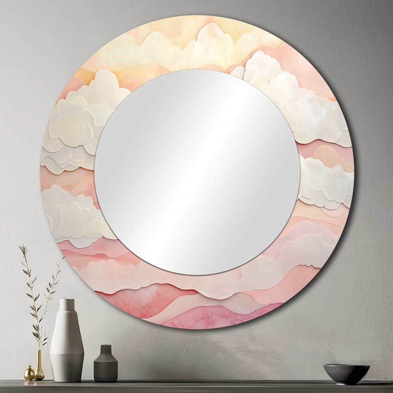 «Pink Watercolor Clouds - Miroir d'appoint rond contemporain, impression sur métal, 36" x 36"