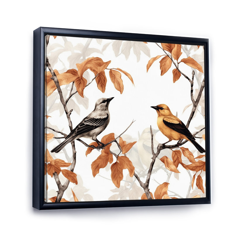 «Brown Birds On Trees I», reproduction d'art sur toile, Cadre flottant noir, H 16 po x l 16 po x P 1 po
