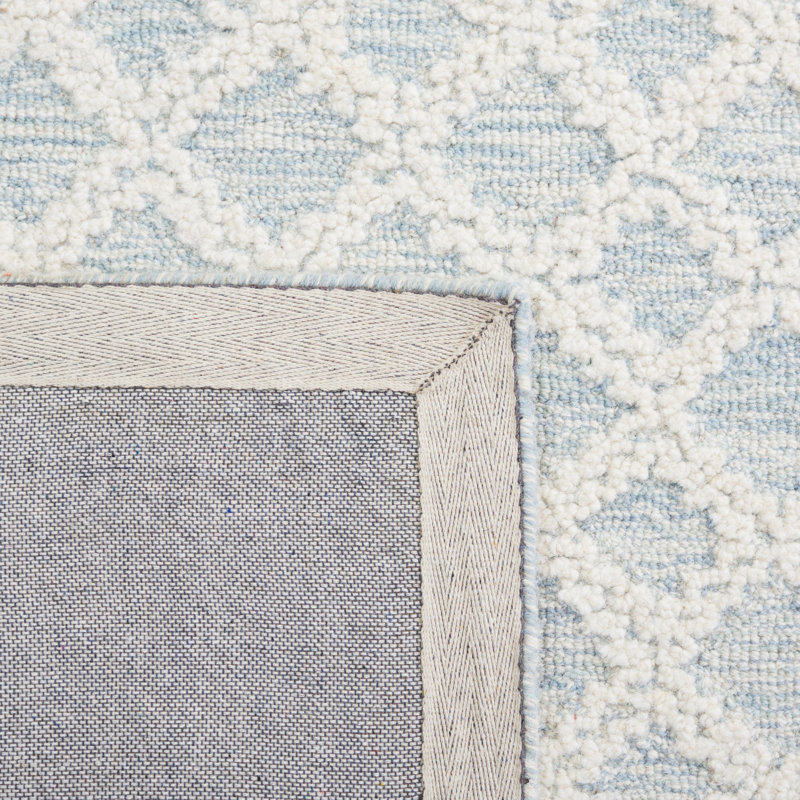 Ivory and Blue Hand-Tufted Wool Abstract Round Rug