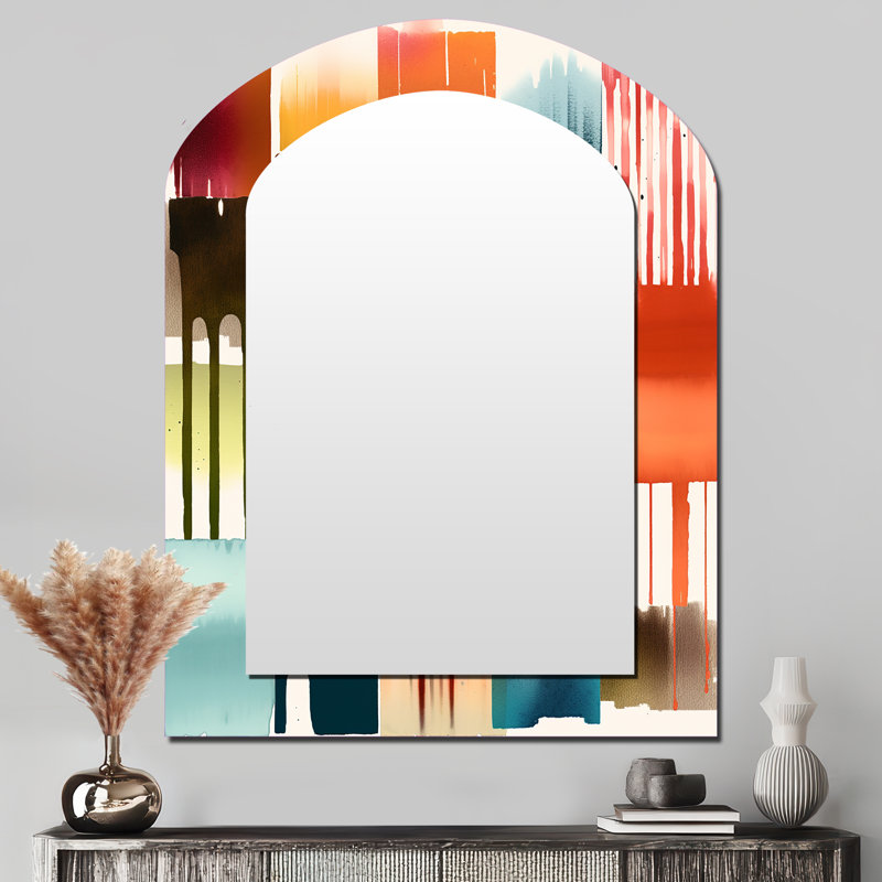 Orange And Blue Artistic Expressions I - Geometric Arch Wall Mirror, Orange Asymmetrical Decorative Mirror, Printed Metal Art