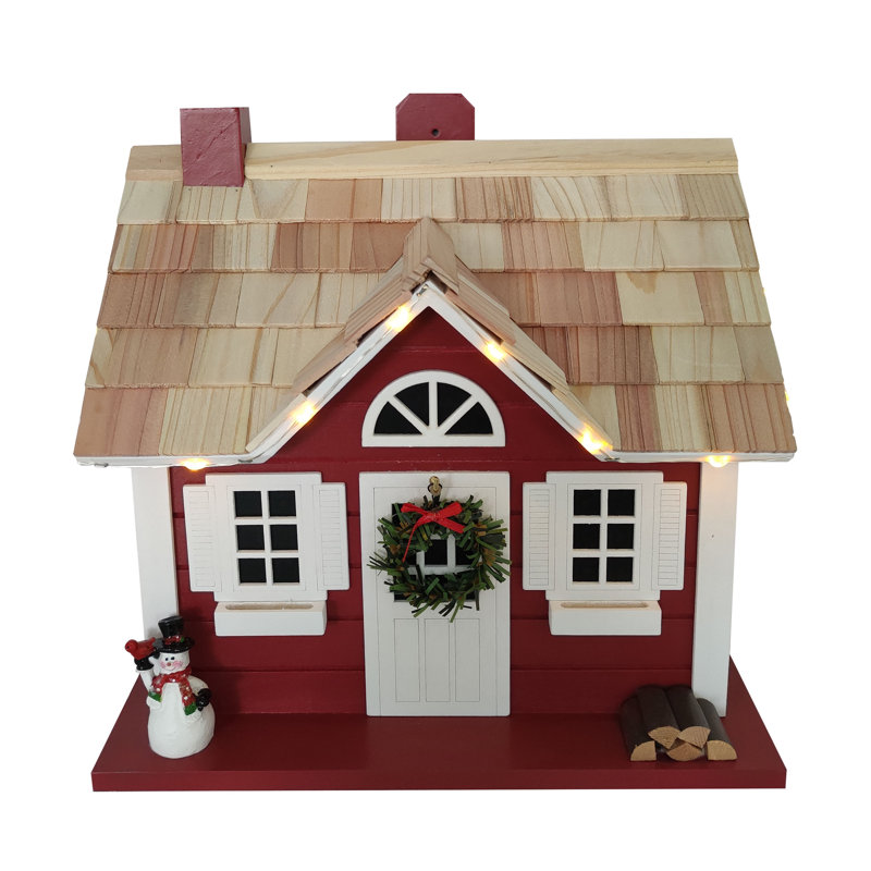 Red and White Wooden Christmas Birdhouse with LED Lights