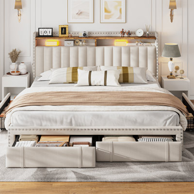 Jahlia Upholstered Storage Bed with 3 Drawers and 2-Tier Storage Headboard