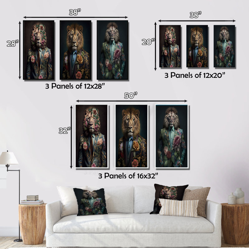 Ensemble de 3 pièces de style glamour avec lion, Encadrement doré, H 28 po x l 36 po