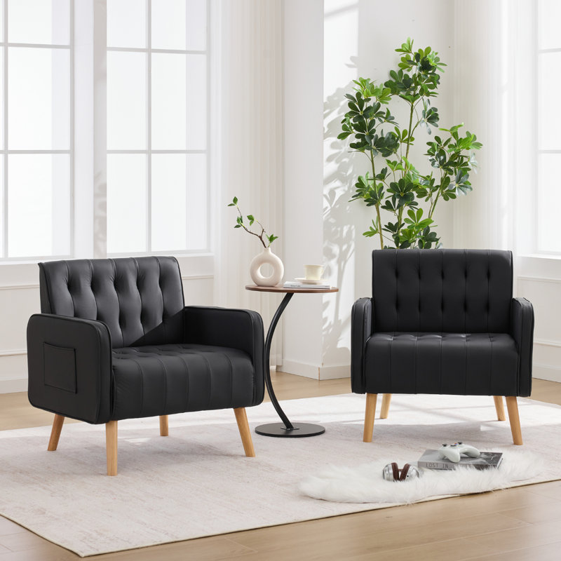 Chaise d'appoint capitonnée en similicuir avec pieds et poches en bois (ensemble de 2), Black