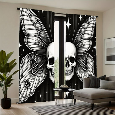 2Pcs Skull Butterfly Wings Curtains, Black Gothic Stars Pattern, Rod Pocket Light Filtering, Dark Aesthetic Style, All-Season For Living Room Bedroom Study Window Decor