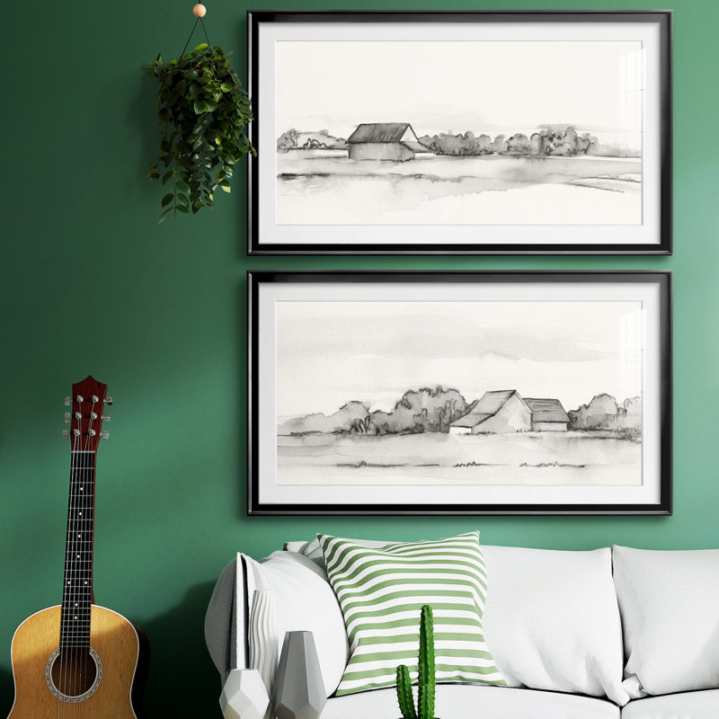 Wyeth Barn I - Matted and Framed Under Acrylic Glass, Set of 2, Large Living Room Wall Art, 10.5" H x 18.5" W x 1" D, Black