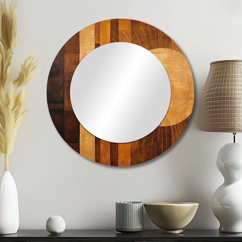 Bronze Brilliance Symetry III - Abstract Shapes Mirror, Modern Round Decorative Wall Mirror, Printed Metal Art, 23" x 23"