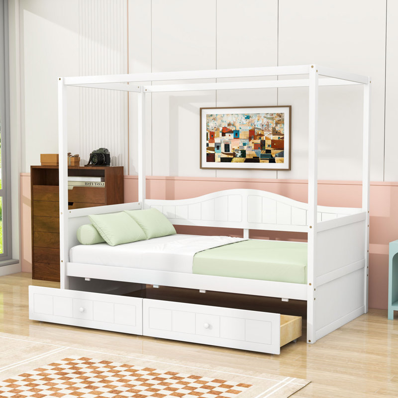 Tauya Twin Size Wood Canopy Daybed with 2 Drawers, White