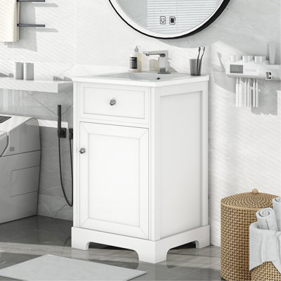 Meuble-lavabo de 20 po avec lavabo, armoire de salle de bain avec porte à fermeture douce, support de rangement et tablette réglable, blanc