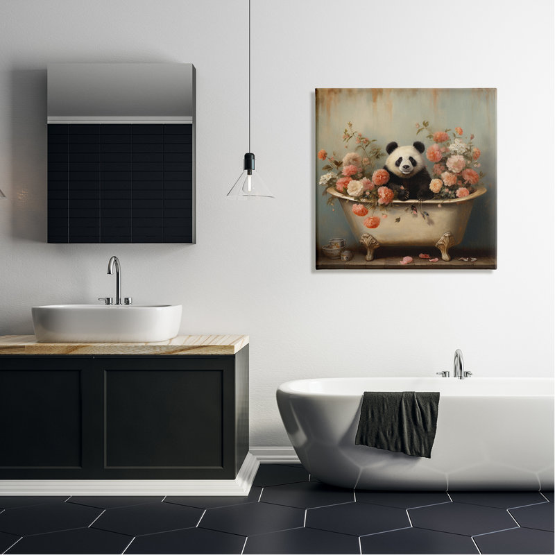 Panda, baignoire et fleurs sur toile, H 30 po x l 30 po x P 1,5 po