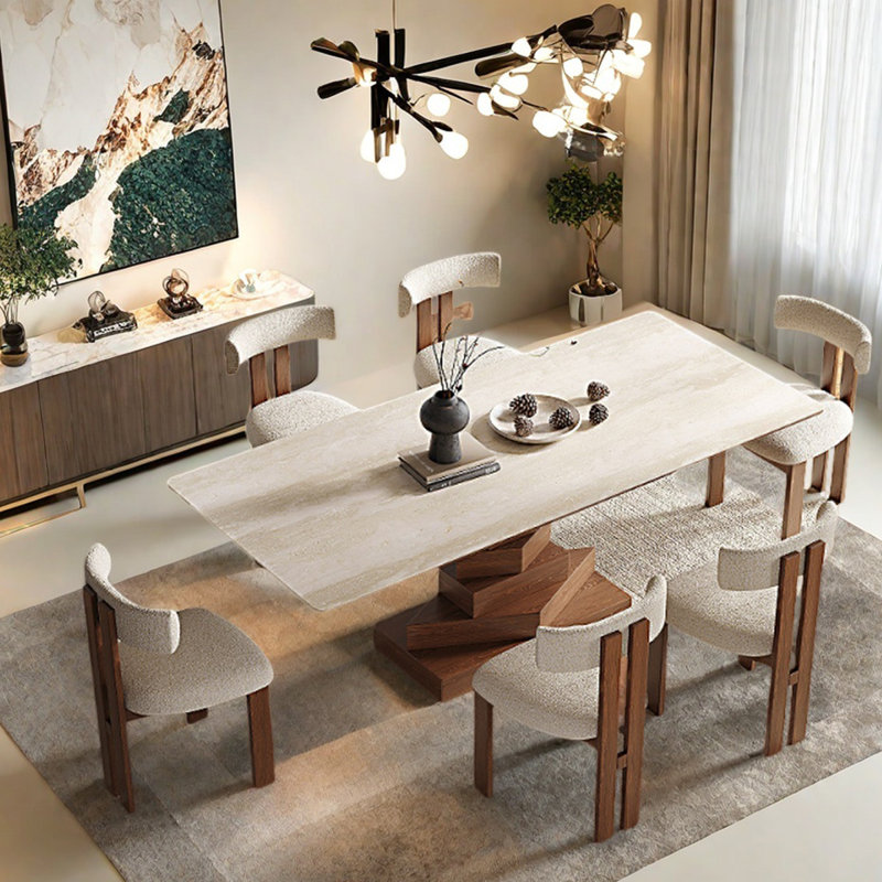 Table de salle à manger en marbre de style rétro avec pieds en chêne, H 29,5 po x L 55,1 po x l 31,5 po
