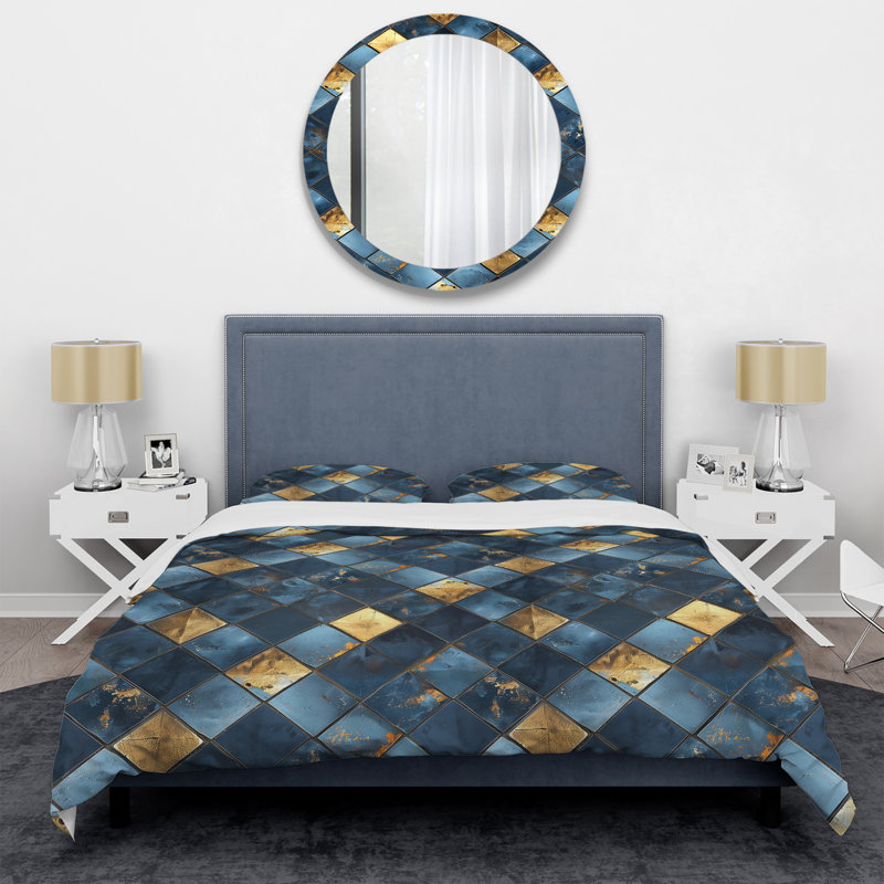 Ensemble de housse de couette Gold Blue Square Glam II - Glam, Housse de couette simple + 2 taies décoratives st