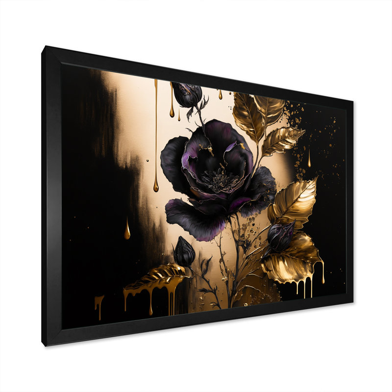 Polina noir et or violettes I - impression, H 30 po x l 40 po x P 1,5 po, Cadre photo noir