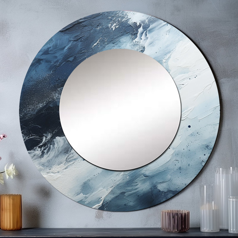 Ruud Minimalism Black And Blue Paint Wave I - Coastal Decorative Mirror, Blue Round Wall Mirror, Printed Metal Art, 36" x 36"