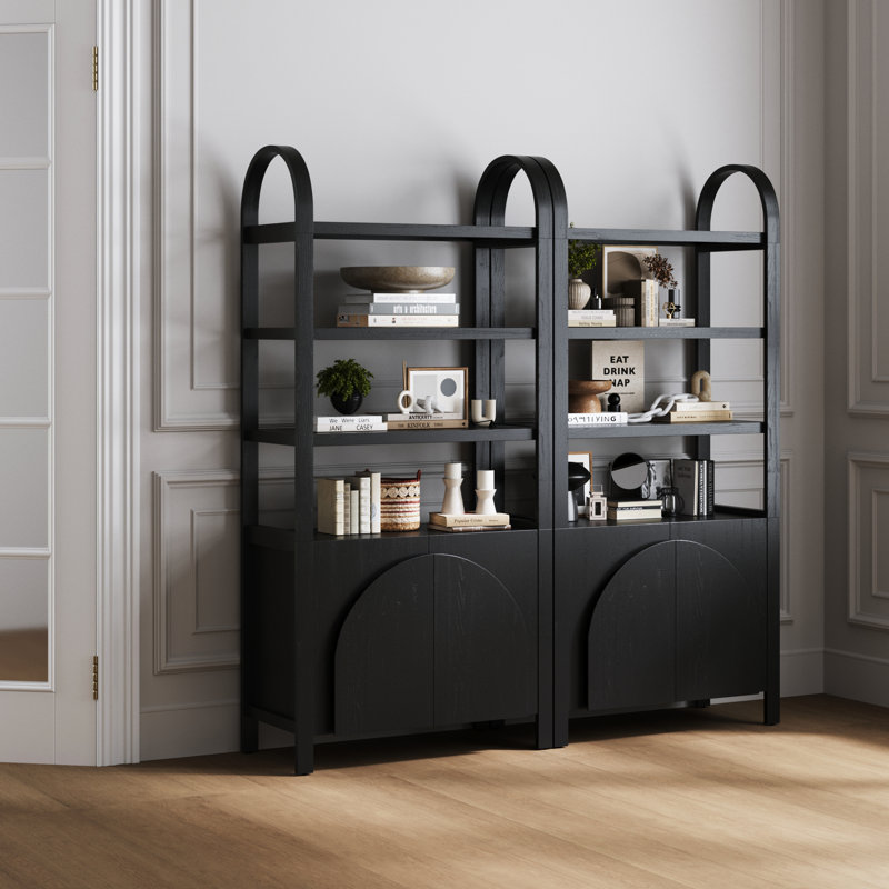 3 Tier Arched Bookshelf With Cabinet Base And Solid Wood Frame (2-Piece Set), Black Oak