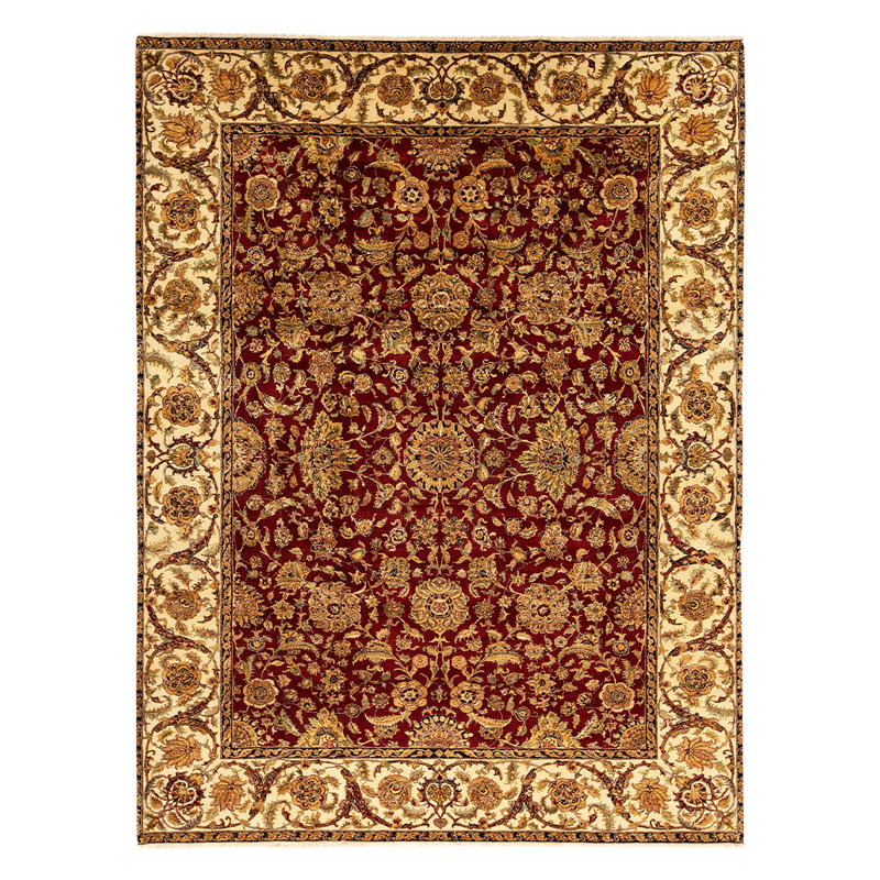 Tapis brun / beige / rouge en laine noué à la main de conception unique 9 pi 2 po x 12 pi 2 po