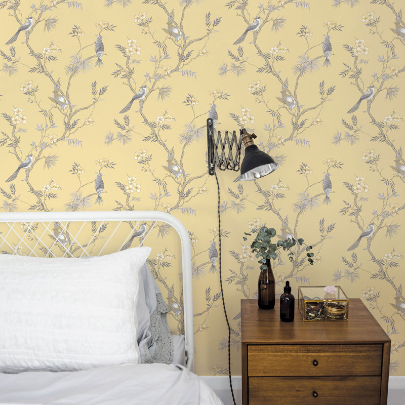 Secret Garden Garden Bird Trail Design 33' L x 21"  W Wallpaper Roll, Yellow/Gray