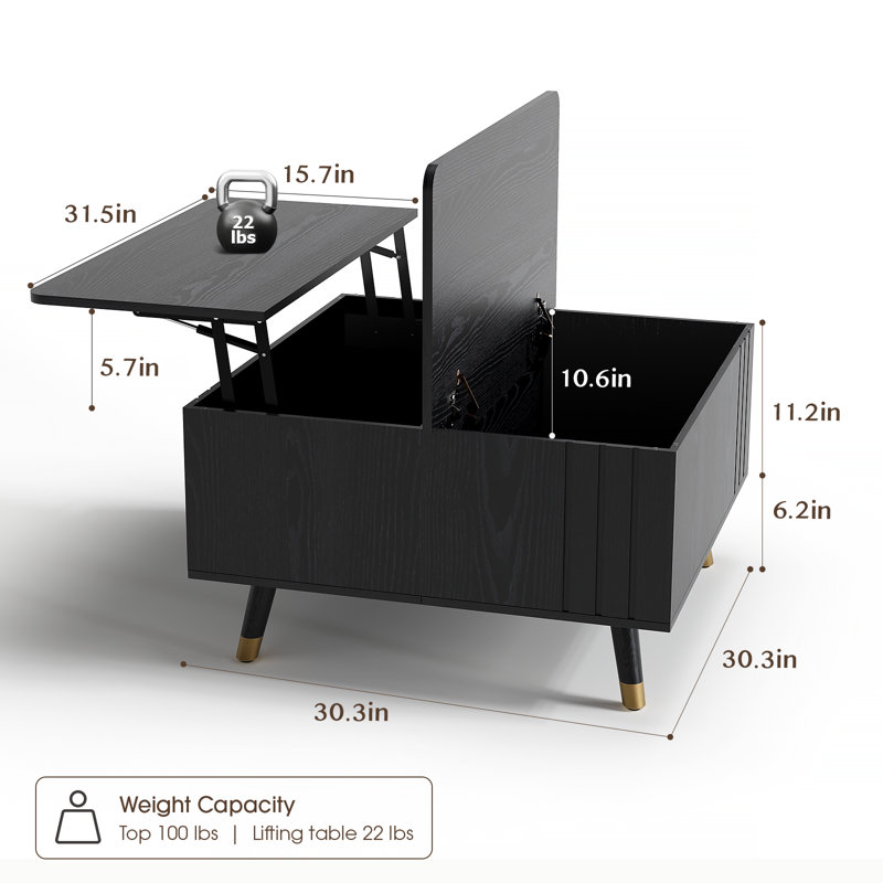 Lift Top Coffee Table With Storage, 31.5" Square Coffee Tables With Lifting Top, Mid Century Modern Center Table With Hidden Compartment For Home Office, Living Room, Black