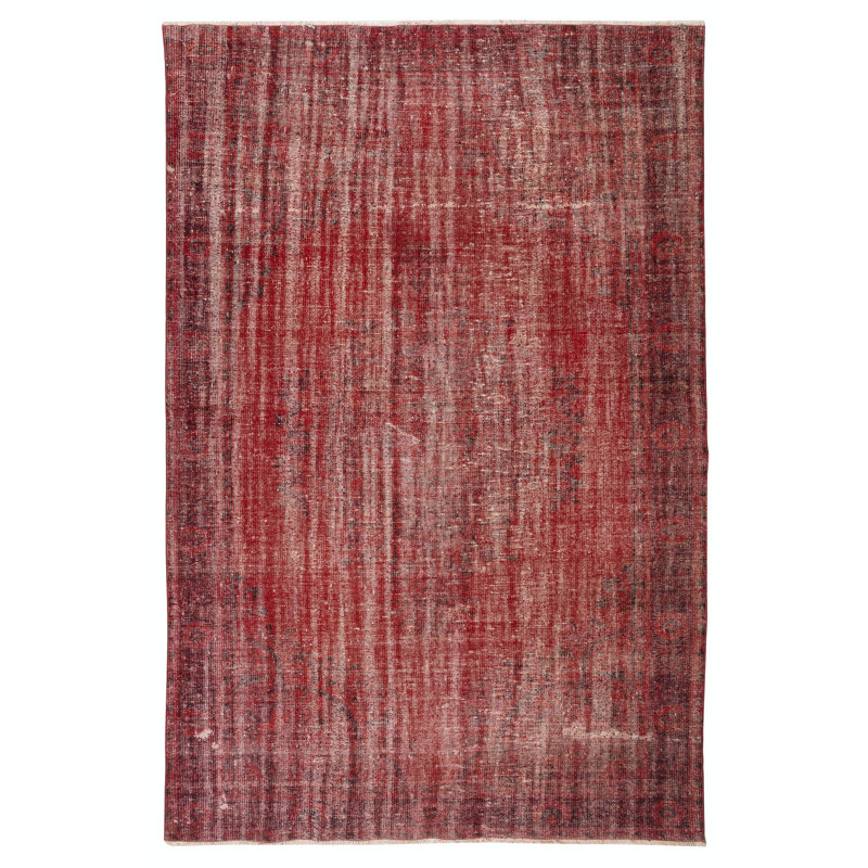 Tapis turc rétro en laine noué à la main de 6,2 x 9,5 pi de couleur rouge pour des intérieurs modernes