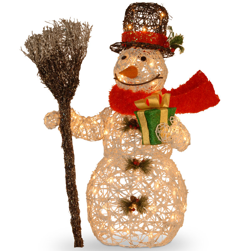 Bonhomme de neige en rotin blanc pré-éclairé, H 35,4 po x l 26 po x P 14 po