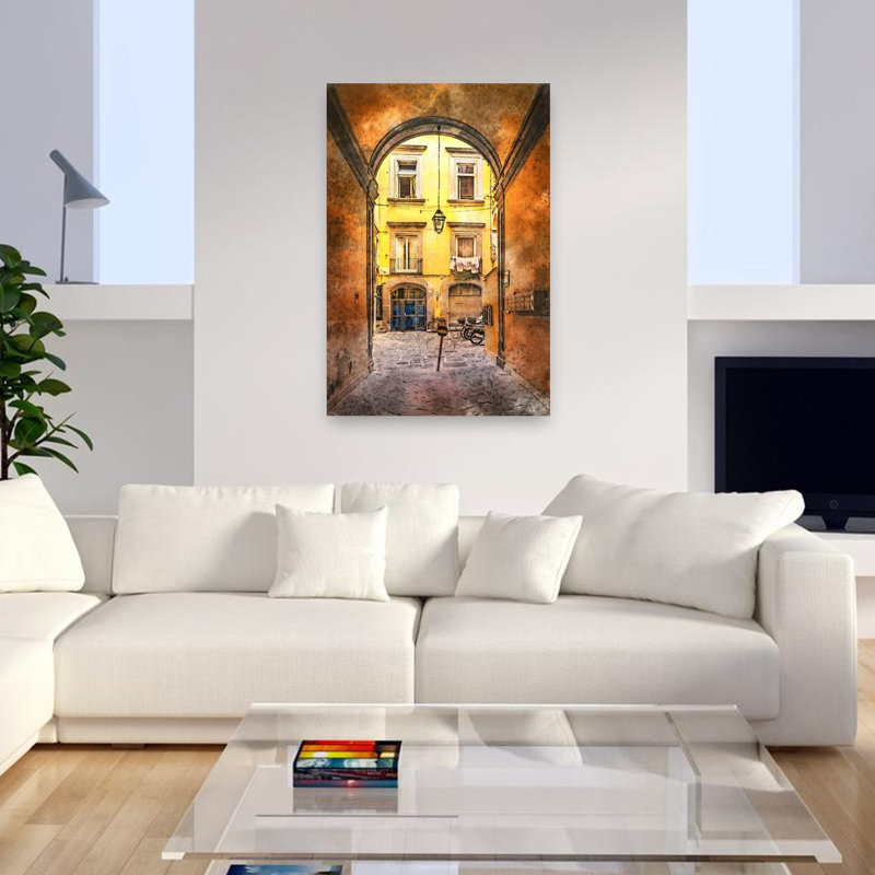 «Vibrant European Courtyard», art mural rétro, 48" H x 32" W