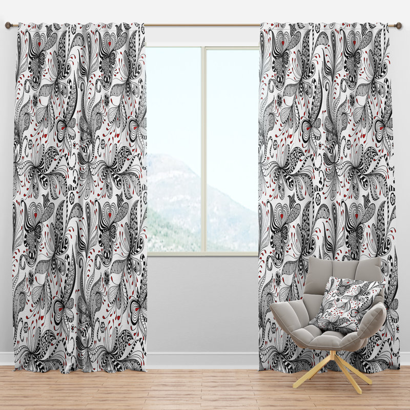 Motif floral noir et rouge - panneau de rideau simple semi-transparent bohème floral et éclectique, l 52 po x L 108 po