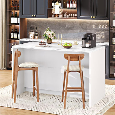 47.2" Faux Marble Countertop Kitchen Island with Storage & Seating Area, 3 Drawers, 2-Tier Cabinet, Coffee Bar Station, Dining Table for 2-4 People for Kitchen, Dining Room, Living Room