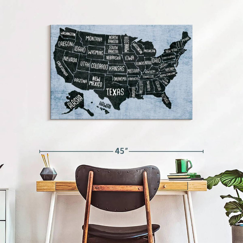 Keiri BW States USA Map, 26" H x 39" W