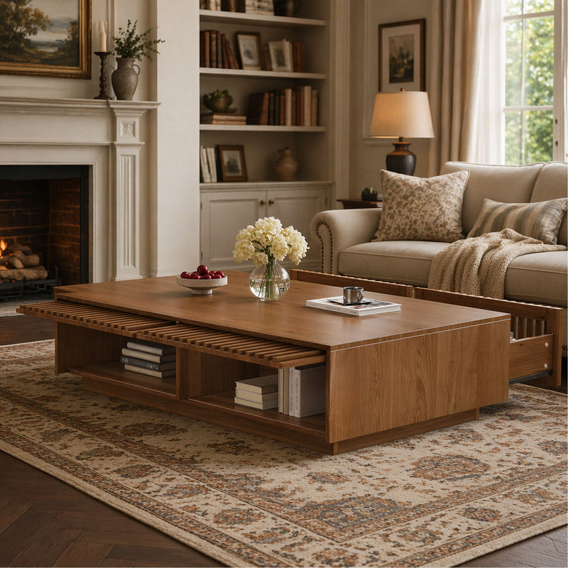 Table basse en bois massif de style Mid-Century moderne avec tiroirs de rangement à lattes, table basse rectangulaire en bois à profil bas, table de rangement cachée de style maison de campagne pour le salon