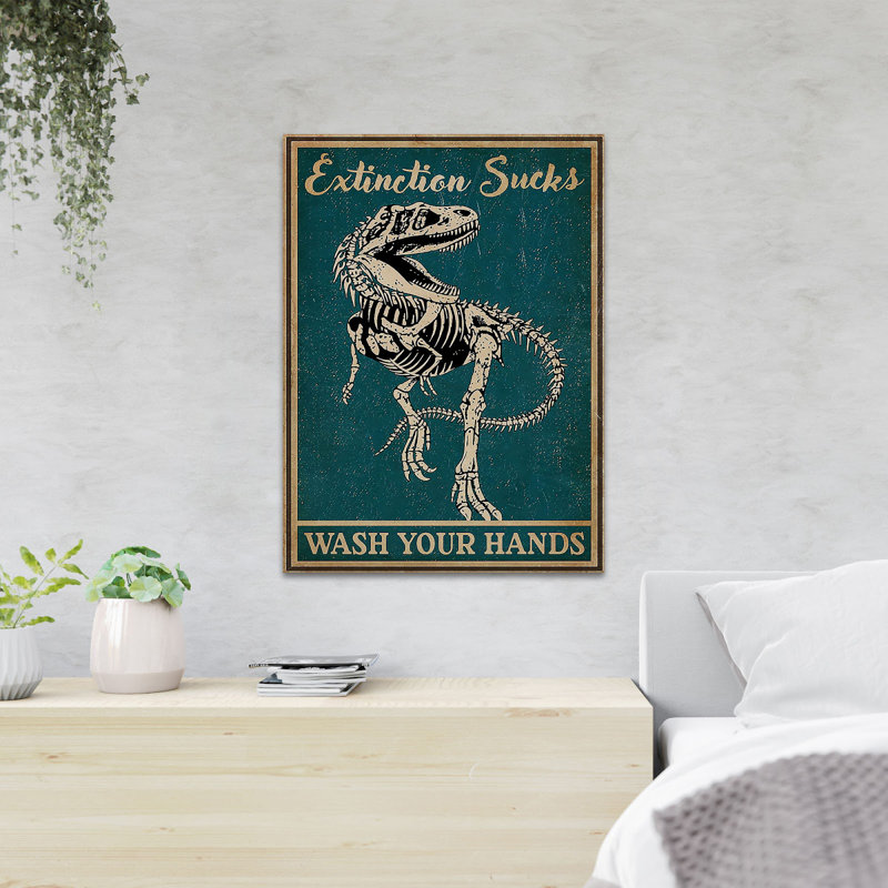 Squelette de dinosaure sur fond bleu - Extinction suce - 1 pièce, reproduction d'art graphique sur toile tendue