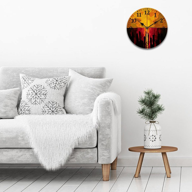 Décoration murale horloge ronde orange rouge coucher de soleil abstrait 12 x 12 pouces pour salle de divertissement et patio