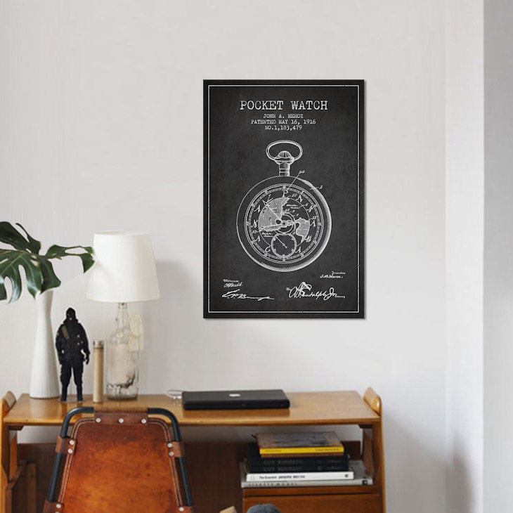 « john a. meroz pocket watch pattern sketch », reproduction d’impression sur toile en gris, H 12 po x l 8 po x P 0,75 po