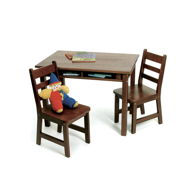 Kids Rectangular Table With Shelves & 2 Chairs, Walnut Finish