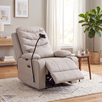 Power Swivel Glider Recliner Nursery Chair with USB & Type-C Charging, PU Leather Rocking Chair with Adjustable Armrests, Removable Lumbar Pillow & Dual Metal Cup Holders