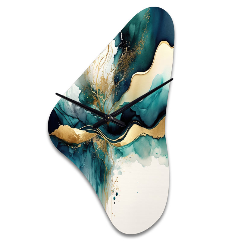 Horloge bleue sarcelle et or - Expression abstraite III - Encre liquide de forme irrégulière, horloge murale turquoise, Grand