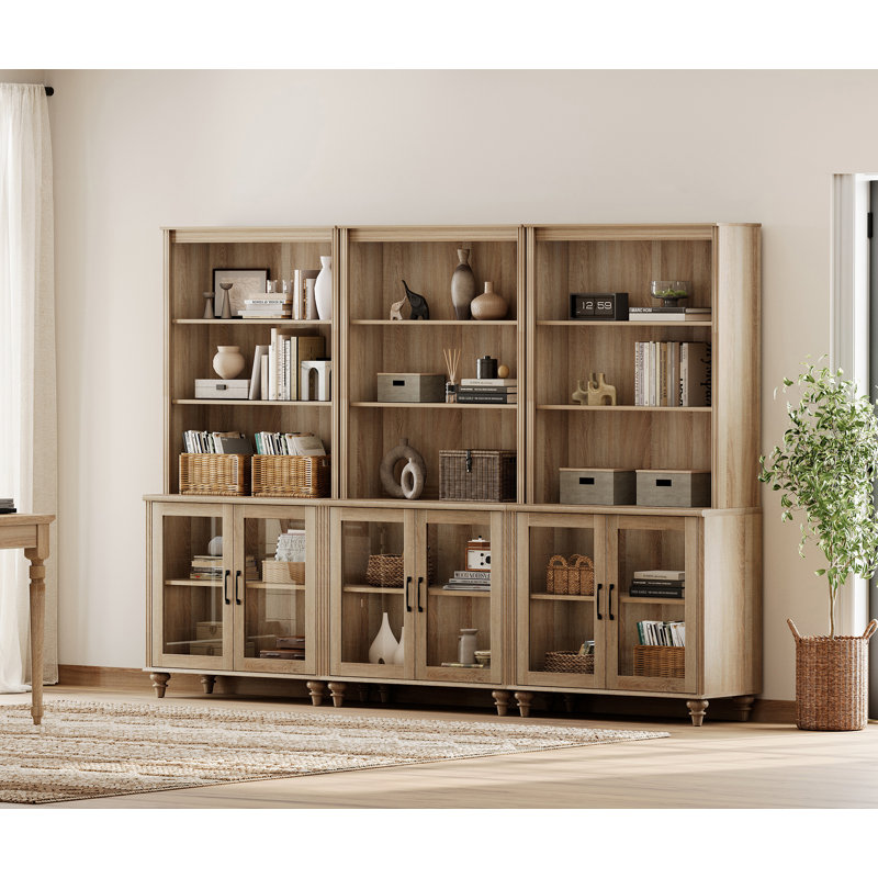 Scarlett 72.1"H X 101.6"W Bookcase With Doors Set Of 3, 5 Tier Bookshelf, Tall Book Case Shelf With Glass Storage Cabinets, Large Wood Bookcases Farmhouse Bookshelves For Living Room Bedroom Home Office Kitchen
