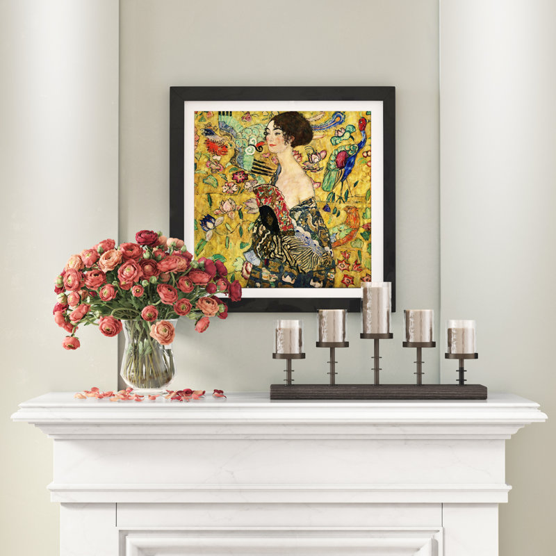 « Lady with a Fan » par Gustav Klimt, impression, H 18 po x l 18 po, Toile avec cadre noir, Noir