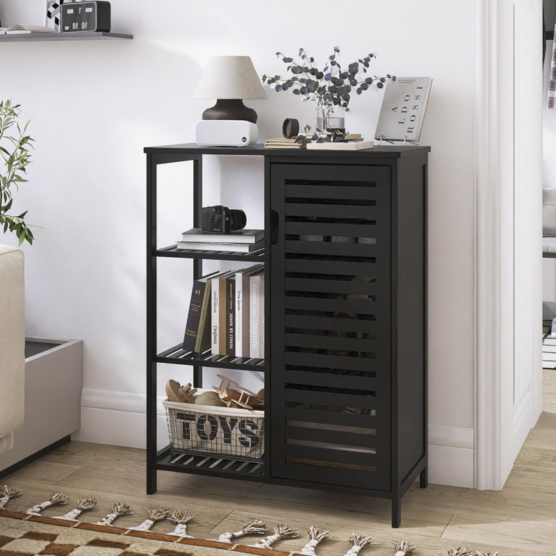 Bamboo Storage Cabinet with Door and 3 Open Shelves, Black